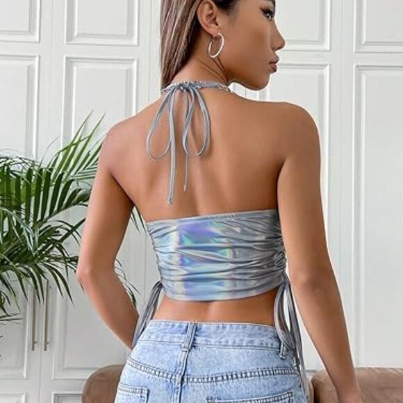 SHEIN Women's Holographic Drawstring Side Chain Strap Crop Halter Top- Small - Picture 7 of 11